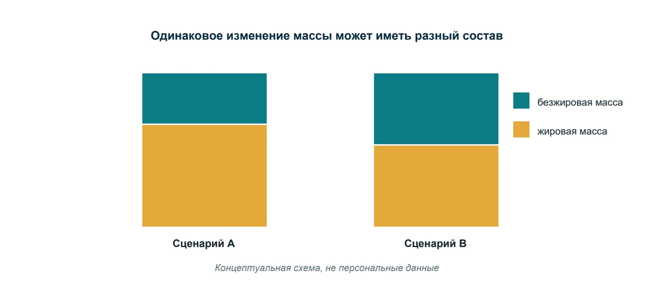Одинаковое изменение массы может иметь разный состав; Сценарий A; Сценарий B